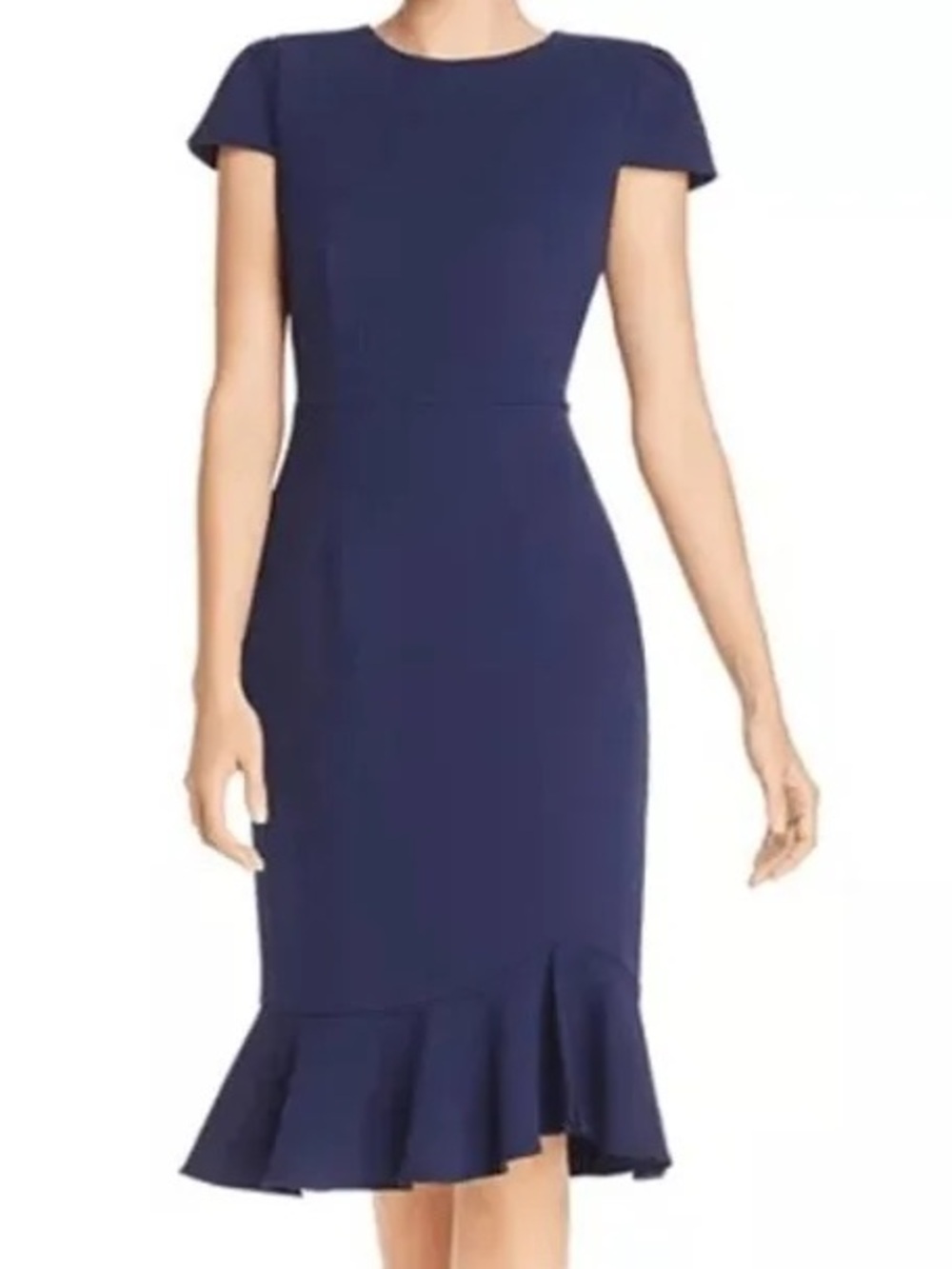 Betsey Johnson NAVY Scuba Crepe Ruffle Hem Midi Sheath Bodycon Dress Size 6